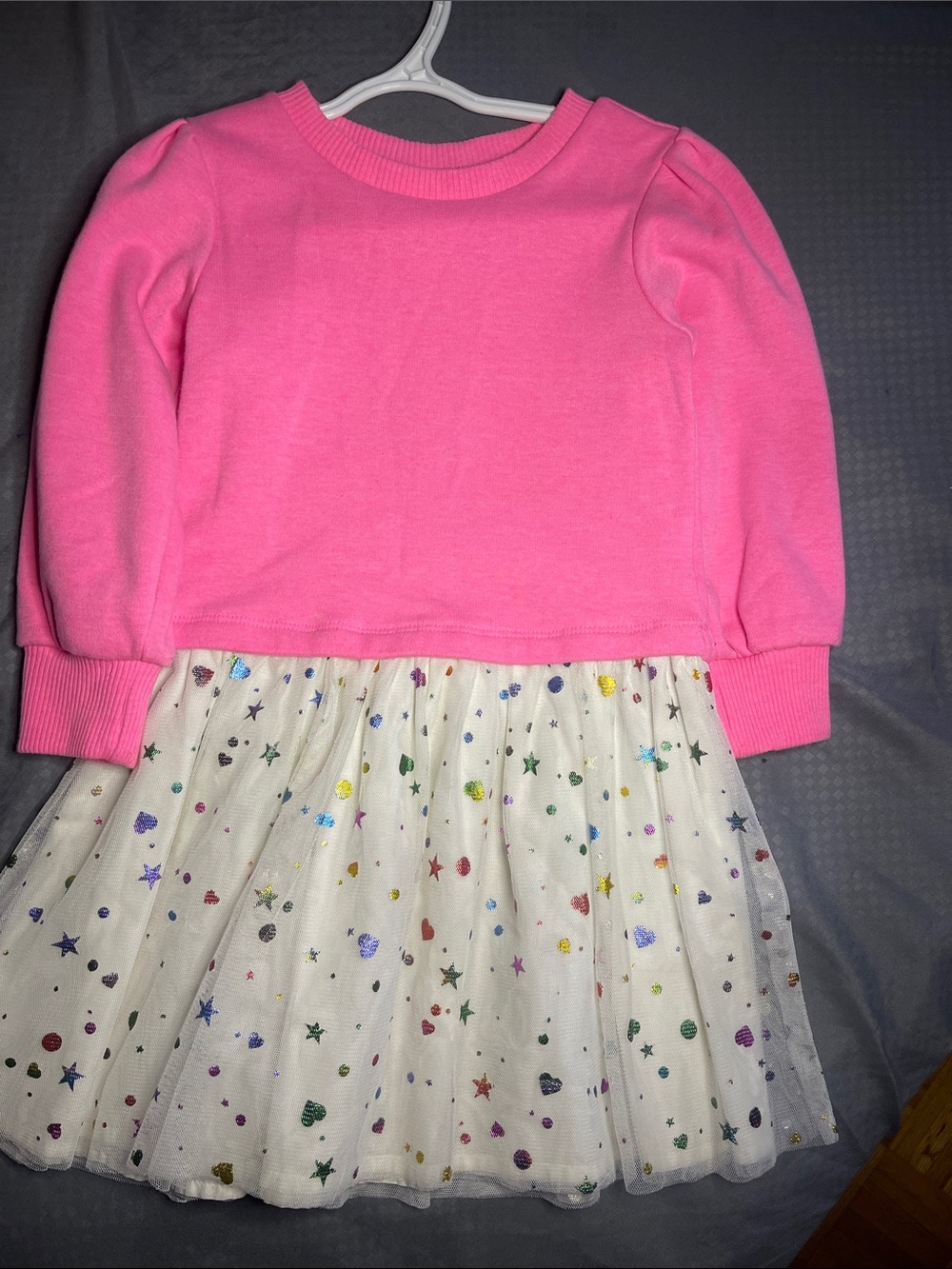💕💰GAP Hot Pink Long-Sleeve Dress with Cream star & Heart Tulle Skirt